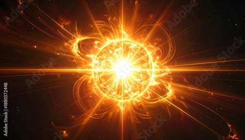 Radiant sun-like sphere emitting swirling flames of orange, yellow, red, with hints of blue and purple on dark cosmic background.