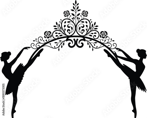 Elegant ballet dancer silhouette illustration, symmetrical ballerina pose with floral ornament, classical dance art, isolated on white background, vector, design