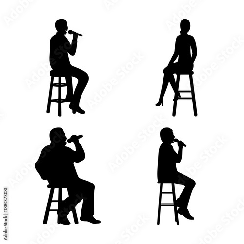 Silhouettes of people performing and sitting on bar stools in various poses