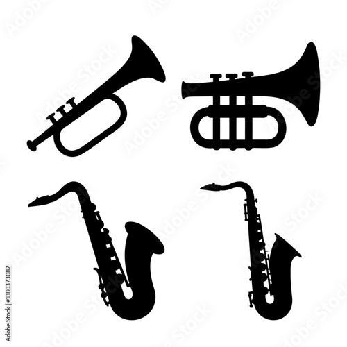 Black silhouettes of classic brass and woodwind musical instruments
