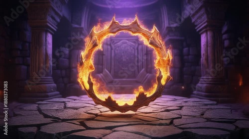 Mysterious Ancient Temple Portal with Flames.