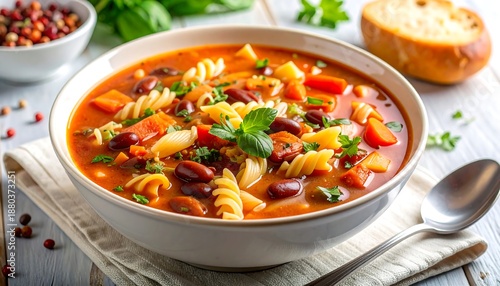 A bowl of pasta and vegetable soup on a table