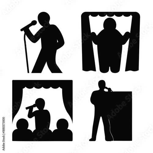 Diverse collection of public speaking and stage performance icons in silhouette
