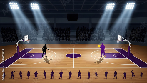 Illuminated basketball court with two players facing off under spotlights, surrounded by spectators