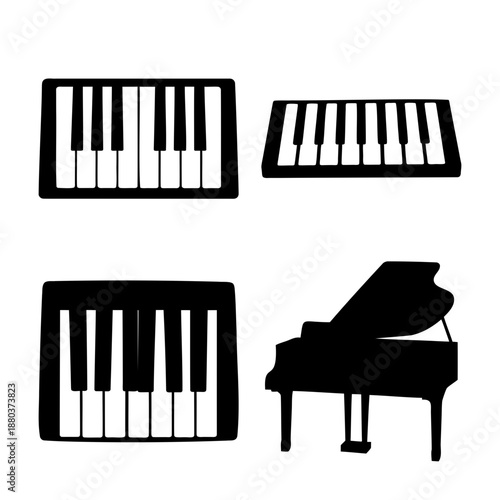 A collection of elegant piano and keyboard silhouettes in a minimalist black and white design