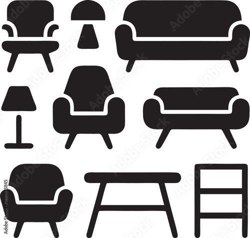 Furniture silhouette icon set with sofa chairs table and lamp