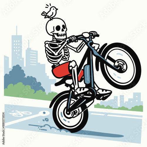 Skeleton Performing Wheelie on E-Bike Vector Illustration
