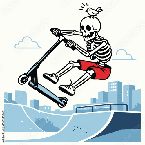 Cartoon Skeleton Jumps Scooter in Urban Skatepark Illustration