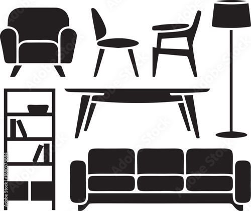 Home interior furniture icons set sofa armchair chair and table