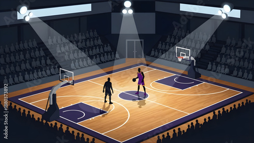 Basketball game at night in a brightly lit stadium, two players on the court facing each other