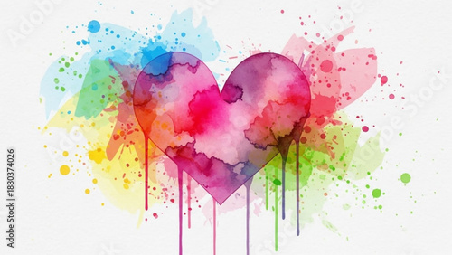 A colorful watercolor heart illustration with vibrant paint splatters and drips