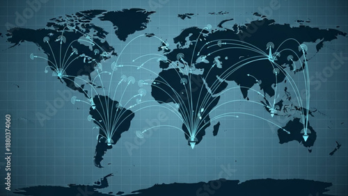 A vector graphic illustration of a world map with global connections and networks