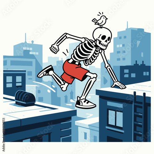 Rooftop Parkour Skeleton Jump Illustration