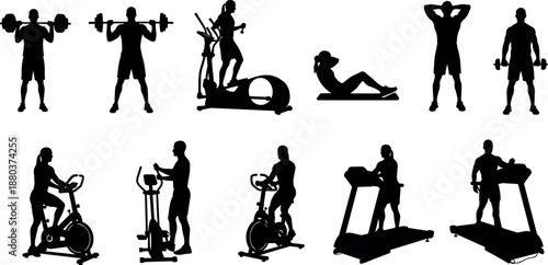 Set of gym silhouettes including people training with weights cardio machines treadmill elliptical stationary bike and bodyweight exercises for fitness