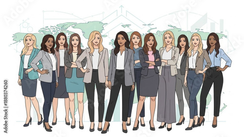 A diverse group of professional businesswomen standing together in a modern illustration