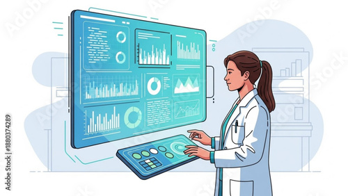 A female scientist analyzing data on a large screen display in a laboratory setting