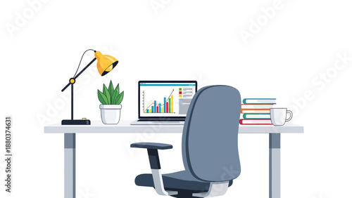 A minimalist office workspace with a laptop, books, and plant on a desk