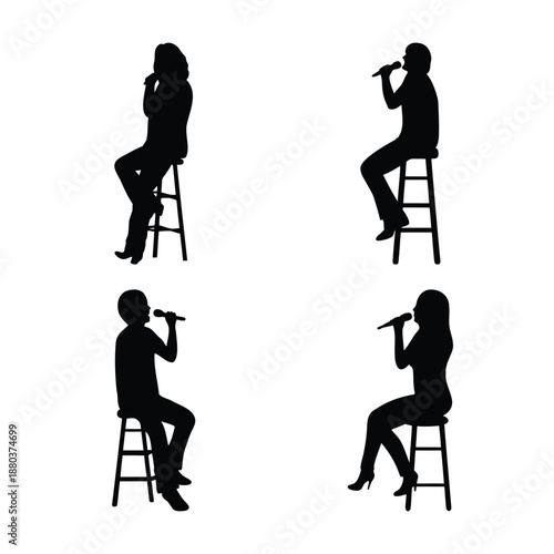 Silhouettes of four people sitting on bar stools and singing with microphones