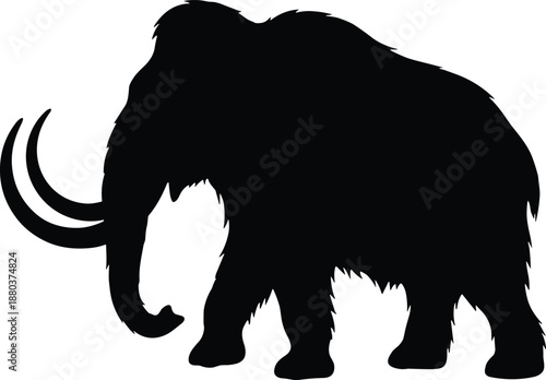 Woolly mammoth silhouette illustration, prehistoric ice age animal, extinct giant mammal, black vector icon isolated on white background