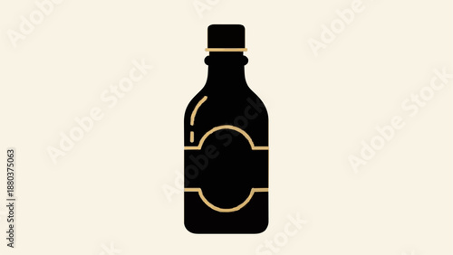 Minimalist luxury liquor bottle icon in black silhouette with gold decorative label. Elegant vector illustration on warm beige background — perfect for premium branding, wine lists, or upscale bar des