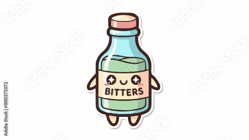 Cute kawaii-style cartoon bitters bottle character with smiling face, arms, and legs. Playful vector illustration perfect for bar menus, cocktail apps, or fun beverage branding.