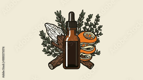 Vintage-style herbal apothecary label illustration featuring amber dropper bottle surrounded by citrus, herbs, and cinnamon sticks. Hand-drawn botanical design with warm earth tones — ideal for natura