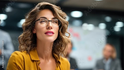 Wallpaper Mural Focused Contemplation: A portrait of a woman, radiating intelligence and poise, with glasses, immersed in deep thought during a meeting, conveying focus and deliberation. Torontodigital.ca