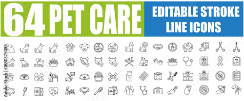 Set of 64 Line Icons Related to Pet, Care, Veterinary, Vet, Healthcare - Outline Icon Collection, Linear Animal Symbols with Editable Stroke, SEO Optimized and Top Ranked on Adobe Stock and Shuttersto