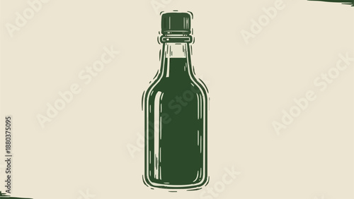 Minimalist hand-drawn sketch of dark green glass bottle with cork stopper. Soft line art vector illustration on warm beige background — evokes herbal remedies, artisanal tonics, or vintage apothecary 