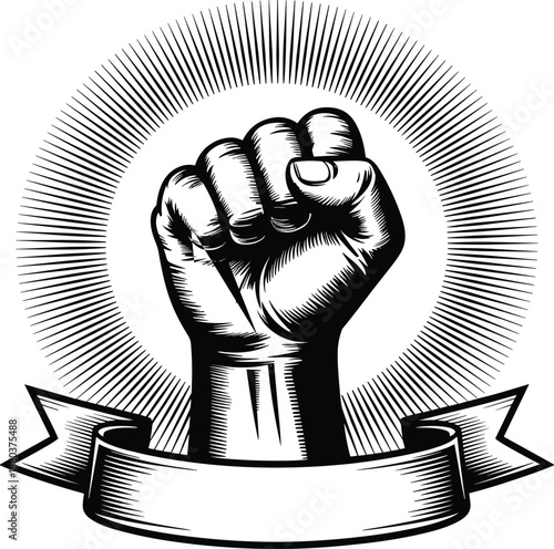 Black and white fist raised in the air with rays of light and starburst