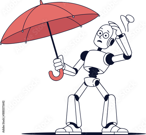 Concerned Robot Holding a Red Umbrella on a Teal Background, Concept of Technological Vulnerability, System Maintenance, Environmental Protection, and Hardware Sensitivity Vector Illustration