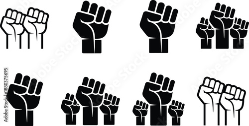 Black and white raised fists in various arrangements