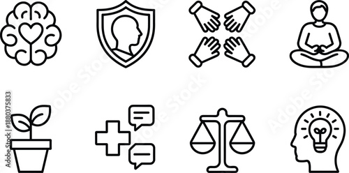 Eight black and white representing mental health concepts