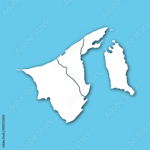 Map of Brunei highlighted on a blue background, showcasing its geography and regional divisions from a top-down viewpoint.