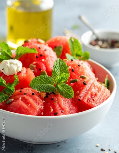 A bowl of refreshing watermelon chunks garnished with mint leaves and sesame seeds