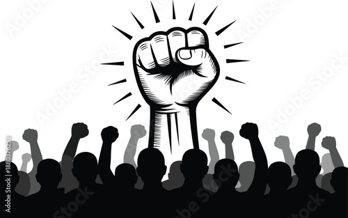 Raised Fist with Radiating Lines and Silhouetted Crowd