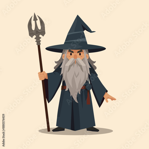 Flat vector illustration of a fantasy wizard character with long gray beard, magic staff and pointed hat. Cute cartoon sorcerer isolated on light background for games, apps and storytelling.