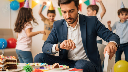 Bored man in suit looking at watch during noisy kids birthday party