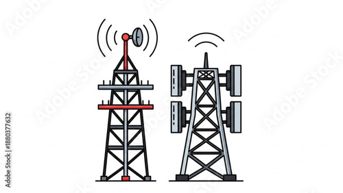 A vector graphic illustration of two cell towers with antennas emitting signals