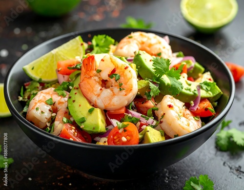 A bowl of shrimp and avocado salad with vegetables and lime