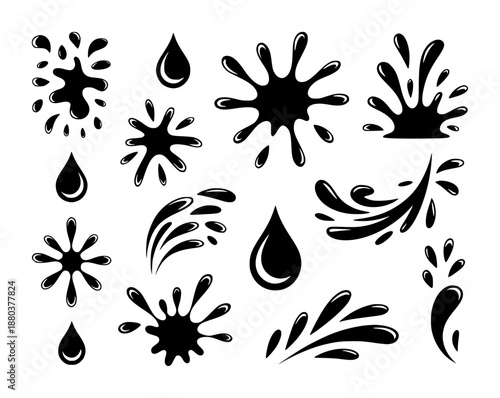 Collection of black ink splashes and drops a white background liquid 1