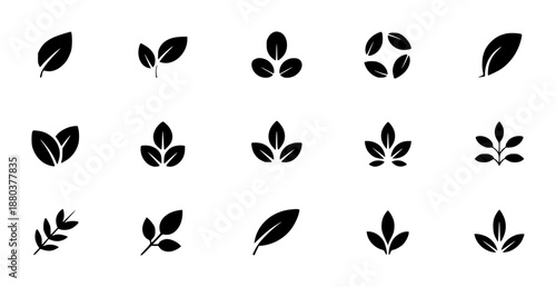 Collection of black leaf and plant sprout symbols white background nature