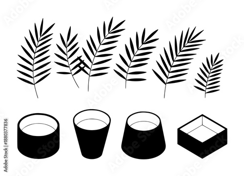 Collection of black palm leaves and isometric containers a white background leaf plant