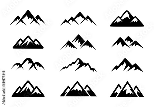 Collection of black mountain silhouette a white background mountains peak