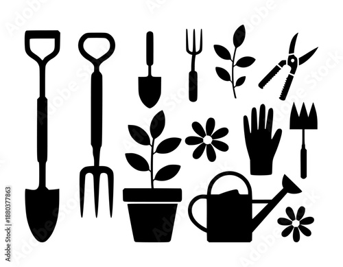 Collection of black silhouette garden tools and plants a white background shovel fork