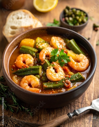 A bowl of shrimp and okra stew with herbs