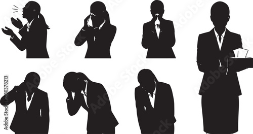 Black Solid Sneezing Woman Silhouettes Set of Six on White Background