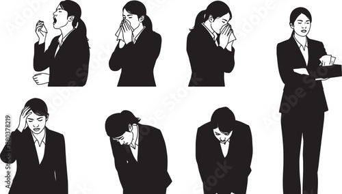 Black Solid Sneezing Woman Silhouettes Set of Six on White Background