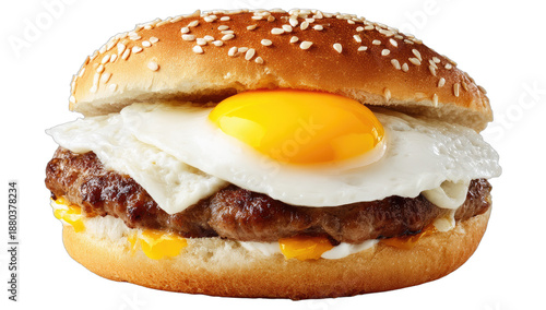 A hearty breakfast burger with a fried egg and melted cheese