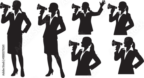 Black Solid Woman Loudspeaker Silhouettes Set of Six on White Background